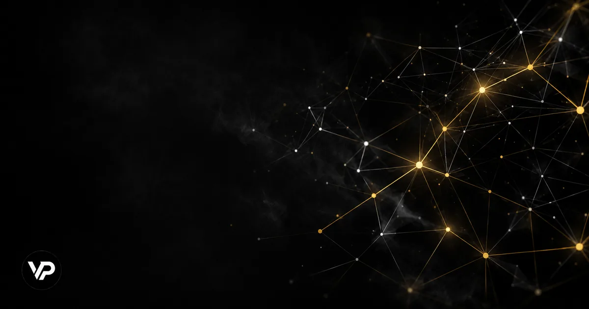 Ilustração escura minimalista com nós de rede neural em dourado, representando o novo algoritmo Andromeda do Meta Ads