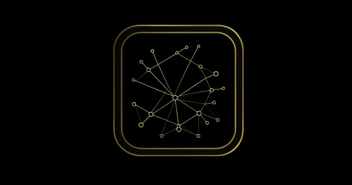 Ilustração escura minimalista de um circuito de inteligência artificial controlando engrenagens, detalhes dourados