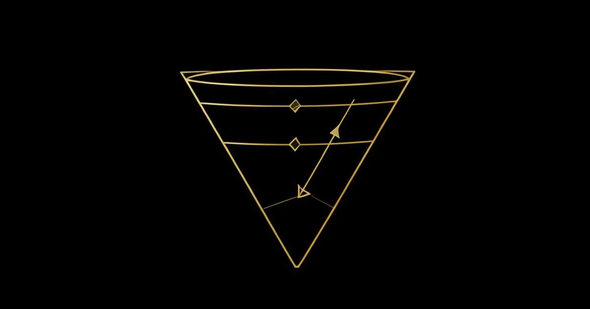 Ilustração escura minimalista de um funil dourado com etapas segmentadas, representando um funil comercial