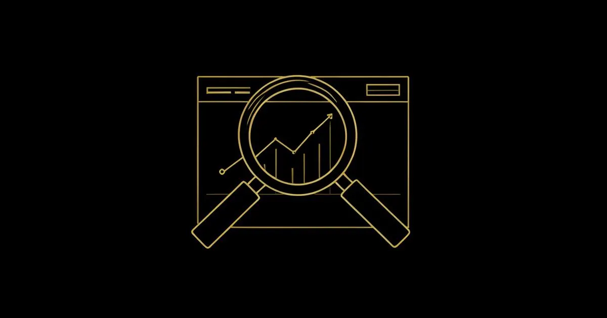 Ilustração escura minimalista de um gráfico ascendente com uma lupa dourada, representando a análise de resultados de uma agência