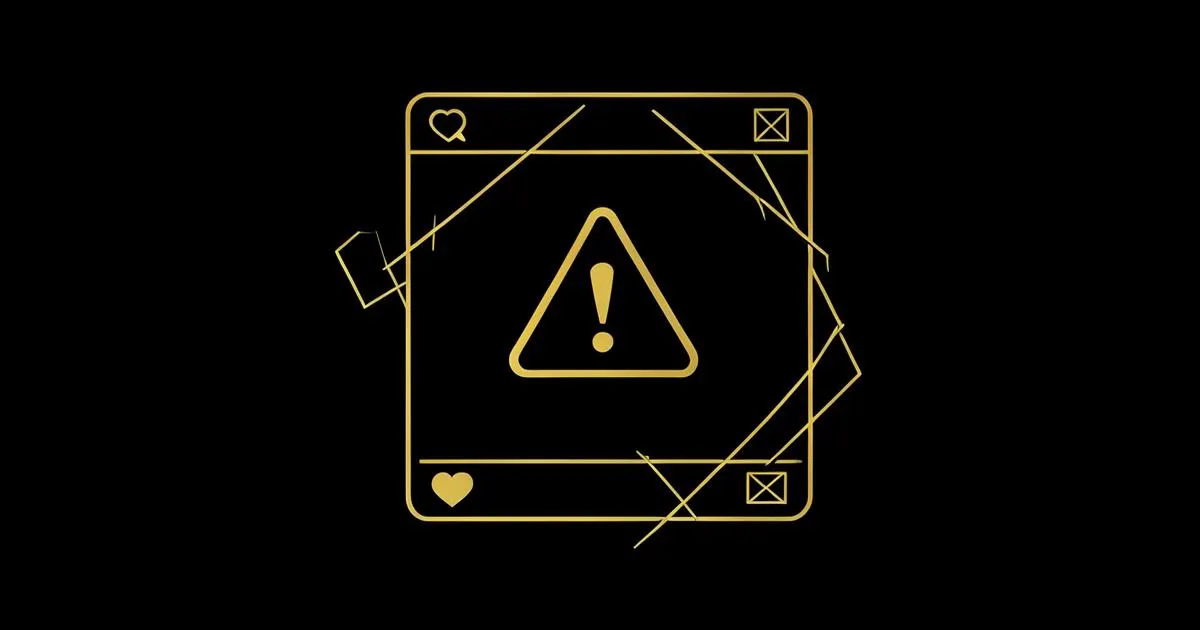 Ilustração escura minimalista de um feed de celular com ícones de erro riscados, detalhes dourados