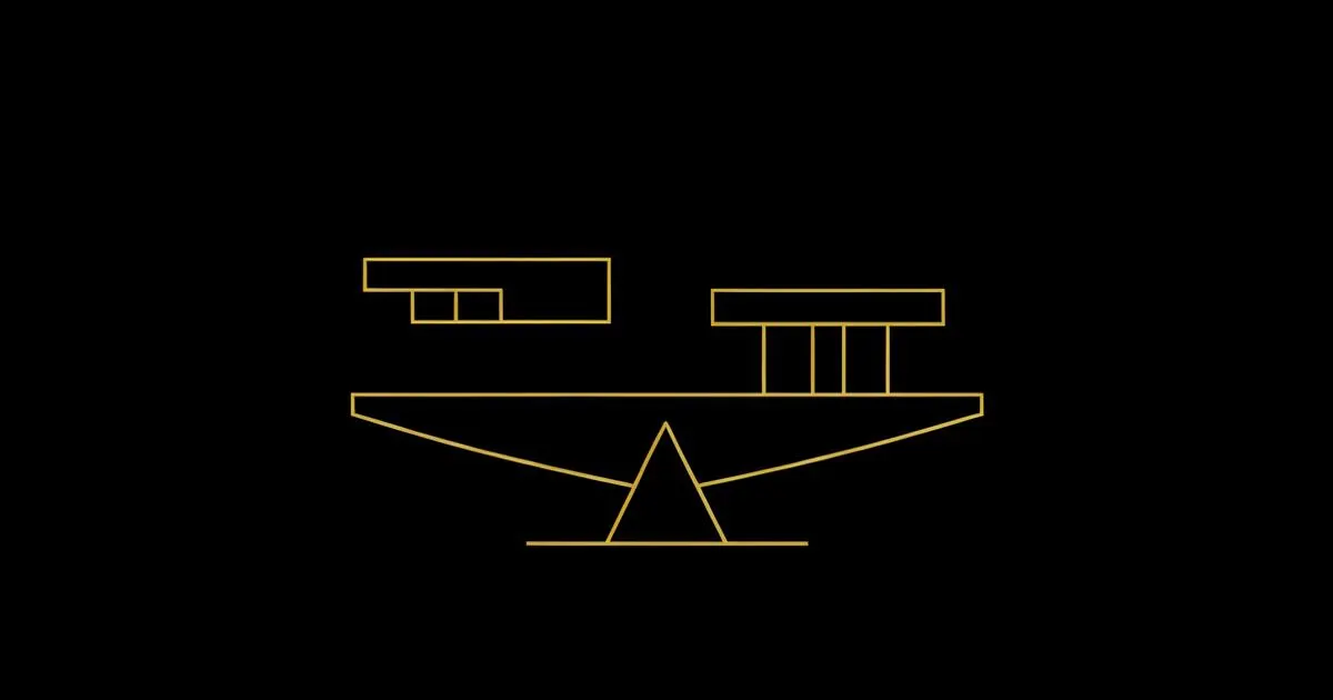 Ilustração escura minimalista de duas setas divergentes com ícones de busca e feed social, detalhes dourados