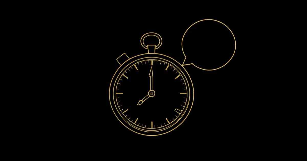 Ilustração escura minimalista de um cronômetro dourado ao lado de um ícone de mensagem, simbolizando velocidade de resposta